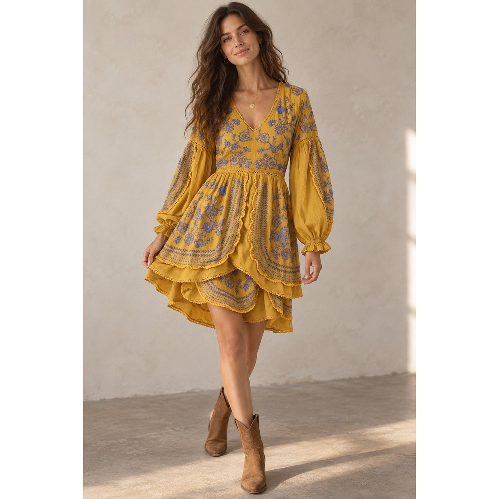 Meadow Rue Anthropologie Embroidered Boho Lisette Mini Dress Mustard Yellow XS